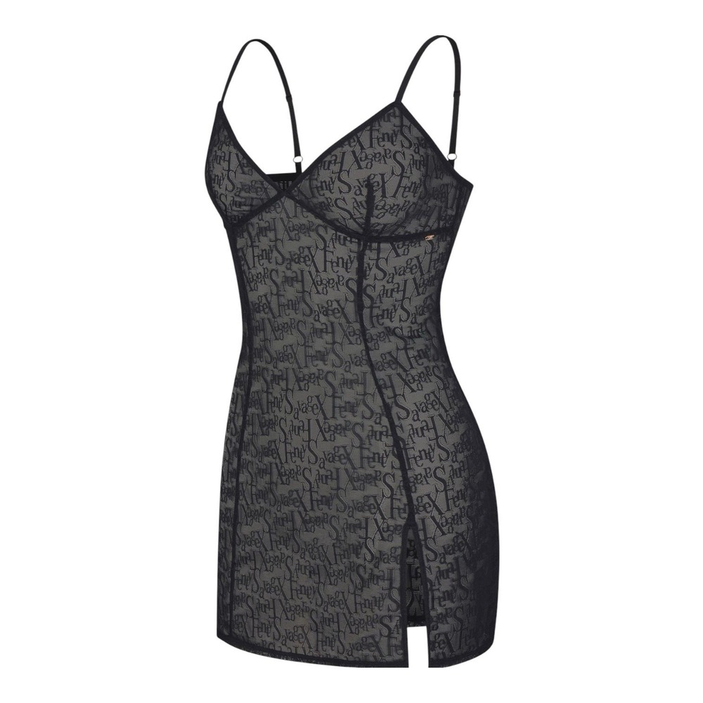 NWT Savage X Fenty Black Sheer Mesh Signature Script Slip Mini Dress Sz M Sexy